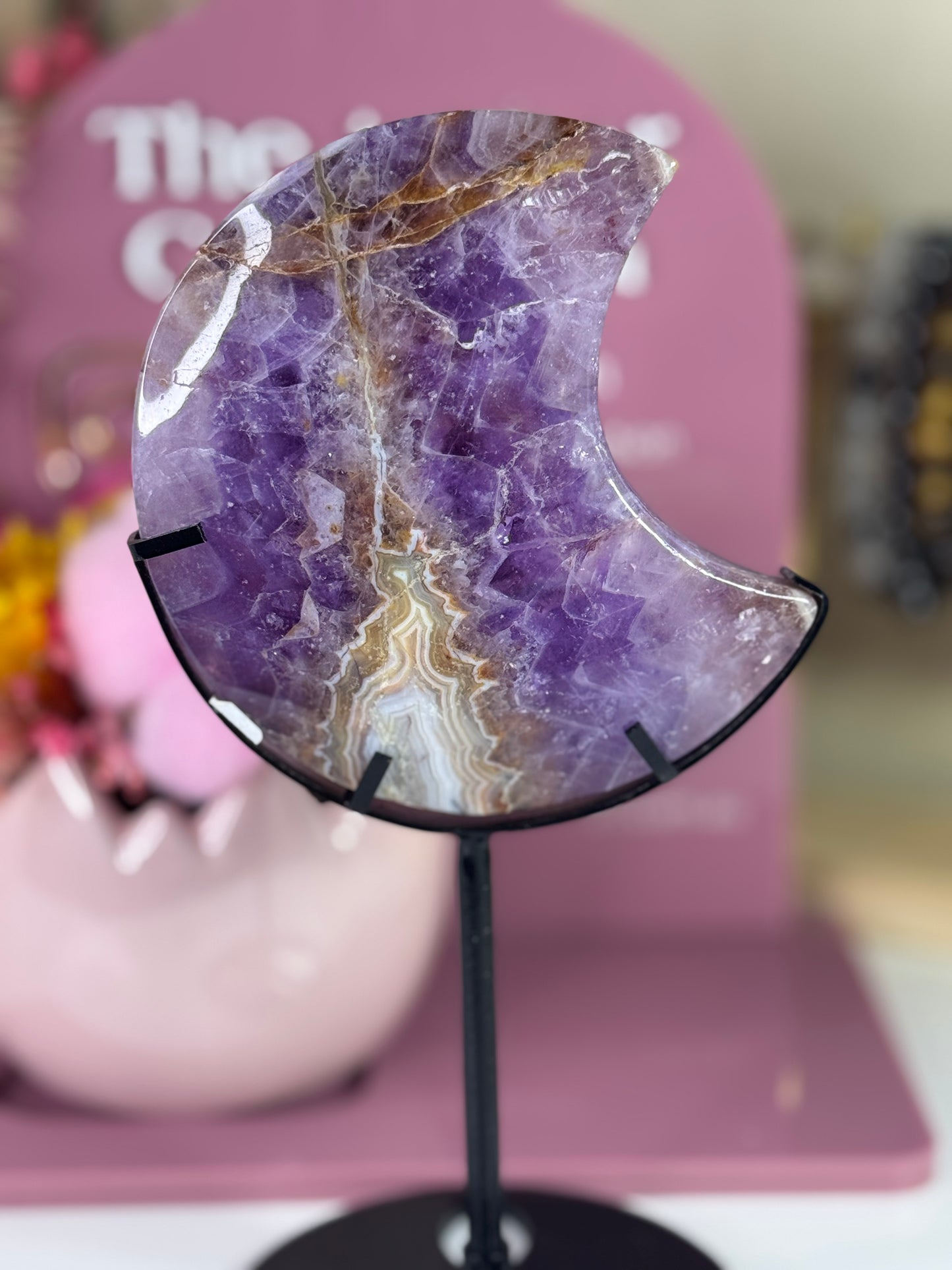 Amethyst and Mexican Crazy Lace Agate Moon with Black Stand (3)