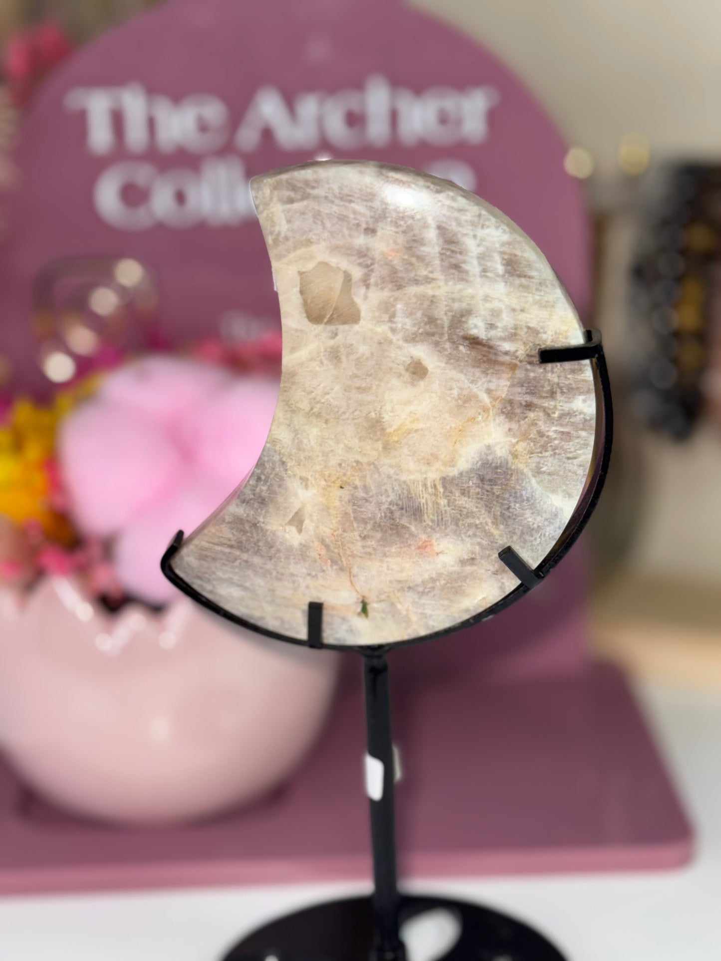Moonstone with Sunstone Moon on Black Stand (416B)