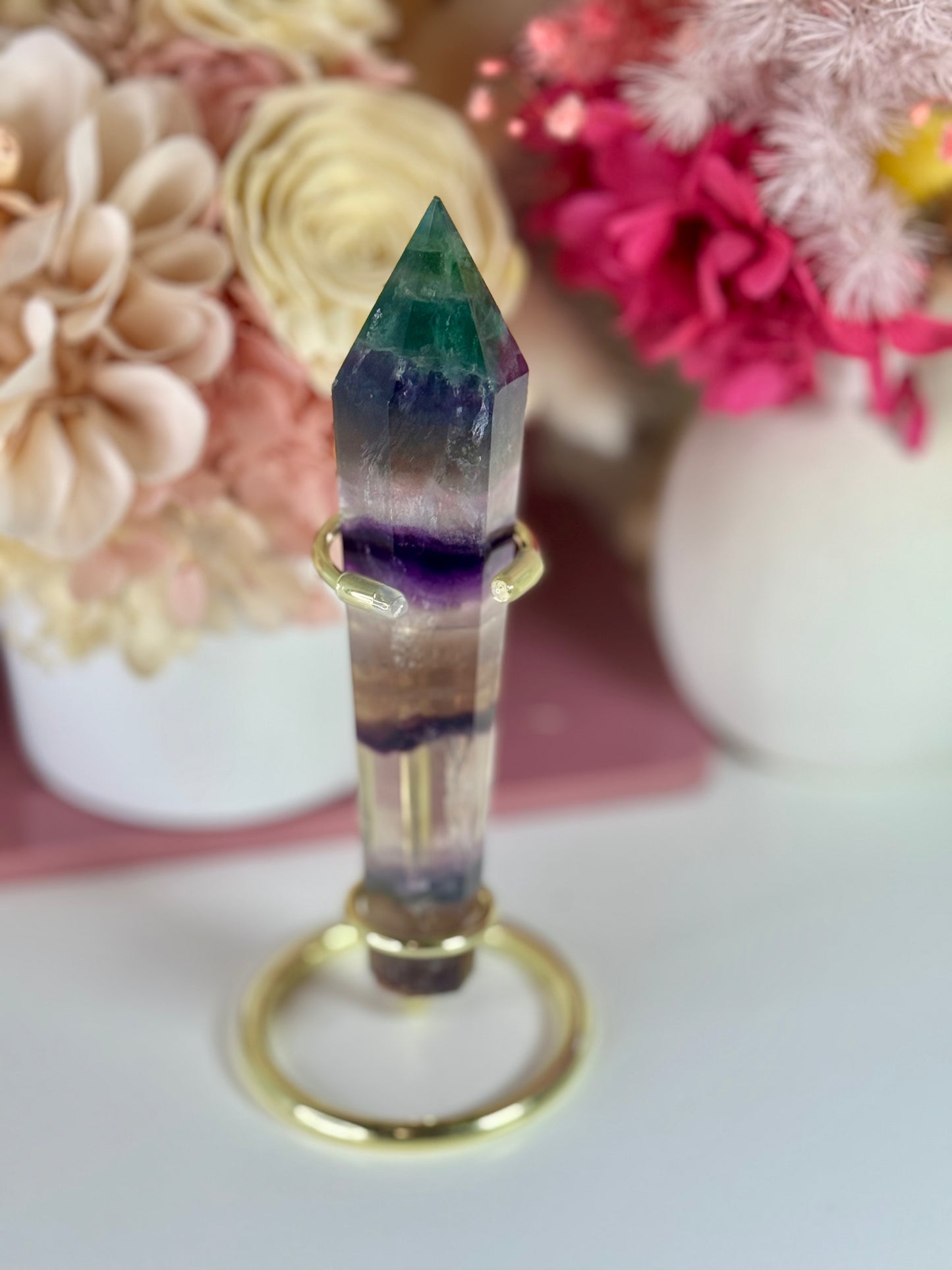 Rainbow Fluorite Wand with Gold Stand