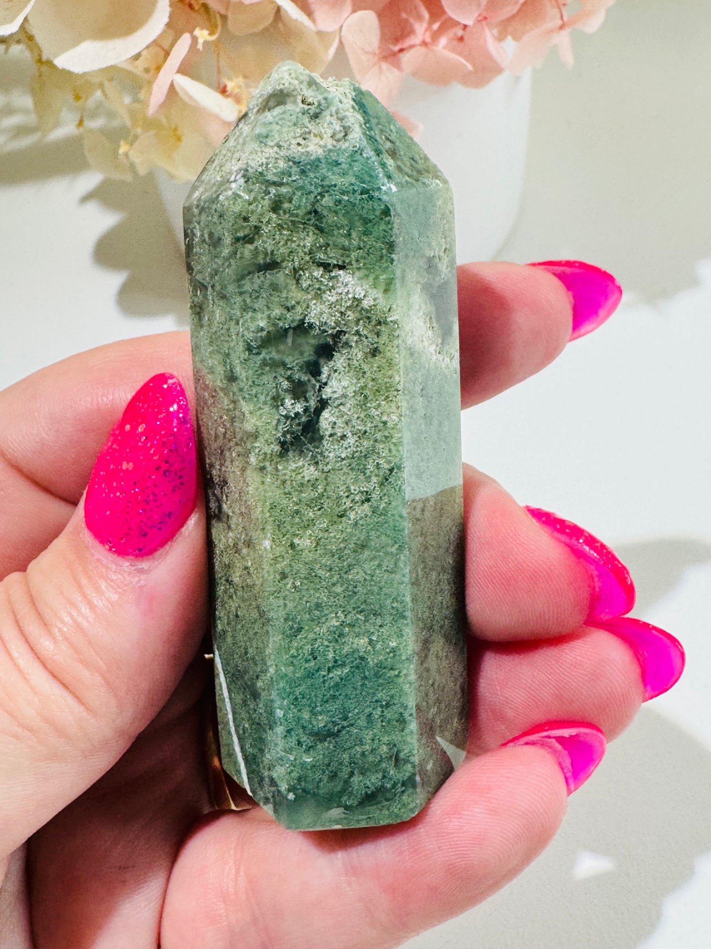 Moss Agate Tower (chipped tip)