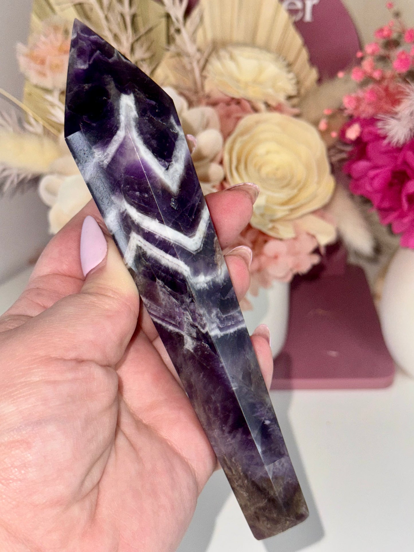 Chevron Amethyst Wand with Gold Stand