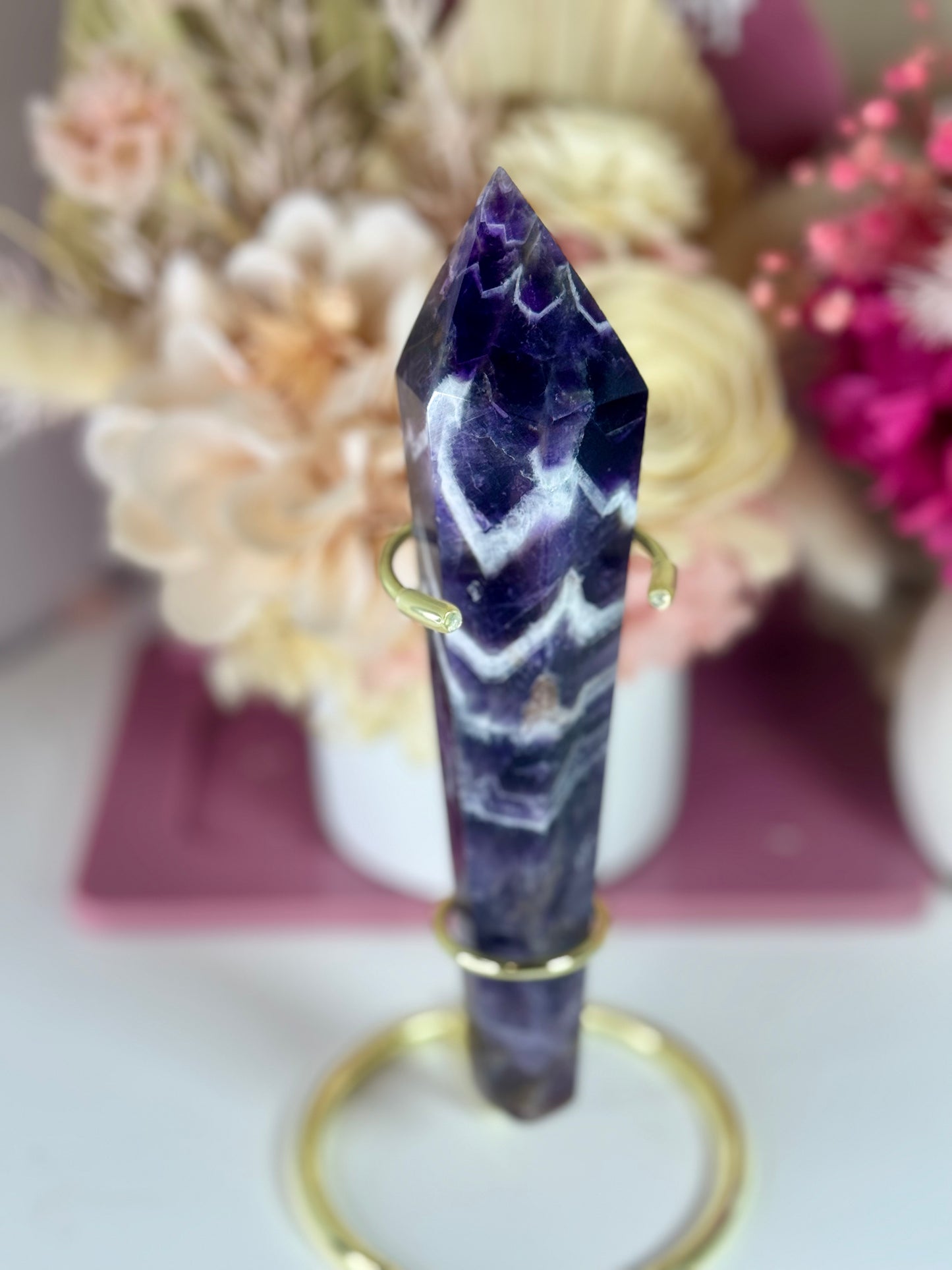 Chevron Amethyst Wand with Gold Stand