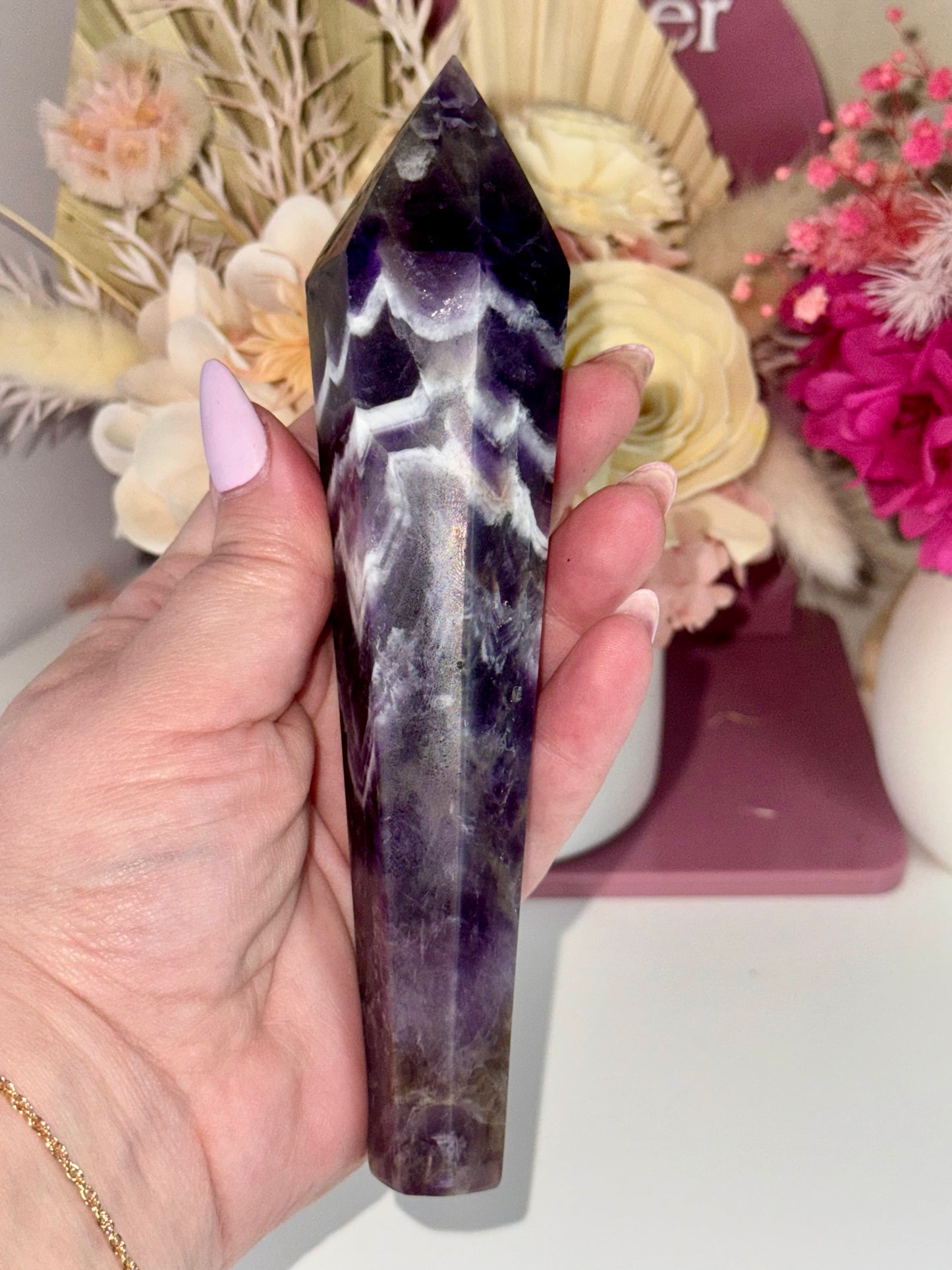 Chevron Amethyst Wand with Gold Stand