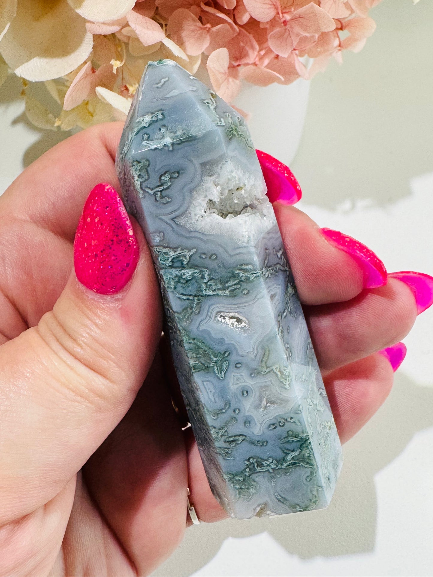 Moss Agate Tower (chipped tip)
